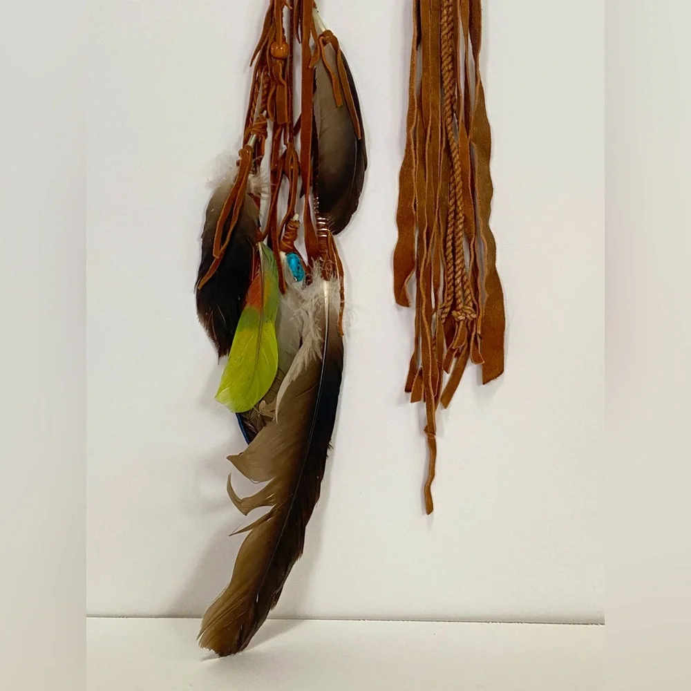 OOAK tribal brown leather feather clip set. Festival Burning Man